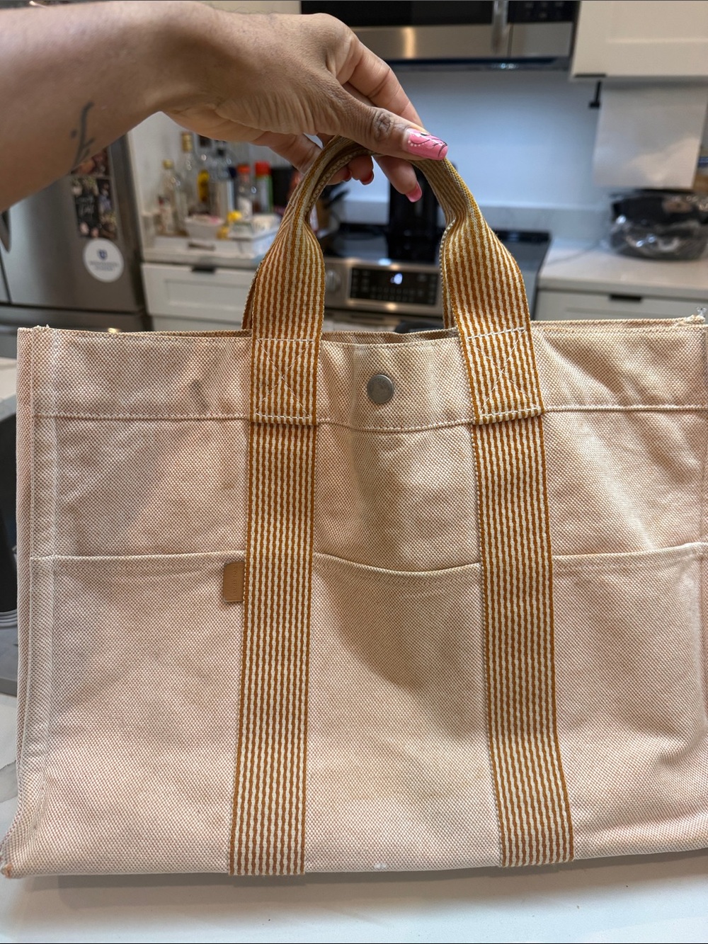 Hermes Peach Canvas Fourre Tout PM Tote